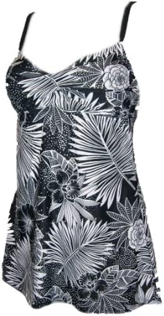 Womens Plus Size Long Tankini Swimdress Swimsuit Swimwear Tummy Flattening, 18-24 W (18W, Black Cream Tropical)