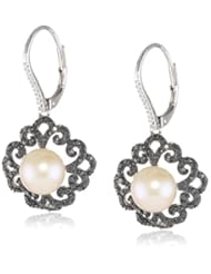 Black Rhodium Plated Sterling Silver 9-9.5mm Freshwater Cultured Pearl and Black and Diamond Drop Earrings, (0.33 cttw, G-H Color, I2-I3 Clarity), 18"