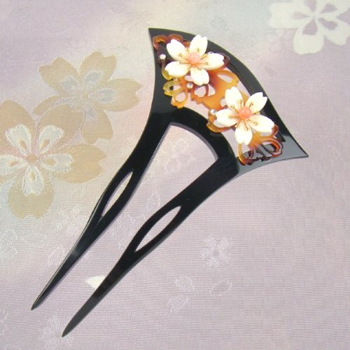 バチ型かんざし 透かしべっ甲(べっこう)に桜 成人式 結婚式 浴衣