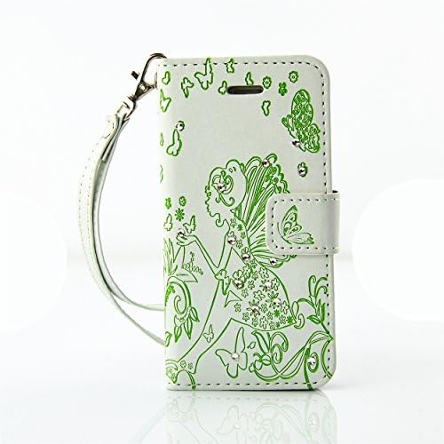 HismoTM iPhone 6S Case Luxury Bling Crystal Fashion Butterfly Girl Diamond PU Flip Stand ID Card Holders Wallet Leather Case Cover for iPhone 5 / 6 Plus / 6S Plus (White Green 5/5S)