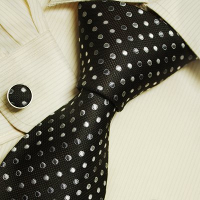 Black neck ties silver Polka dots christmas gifts for dad accessories silk tie cuff links set A2029