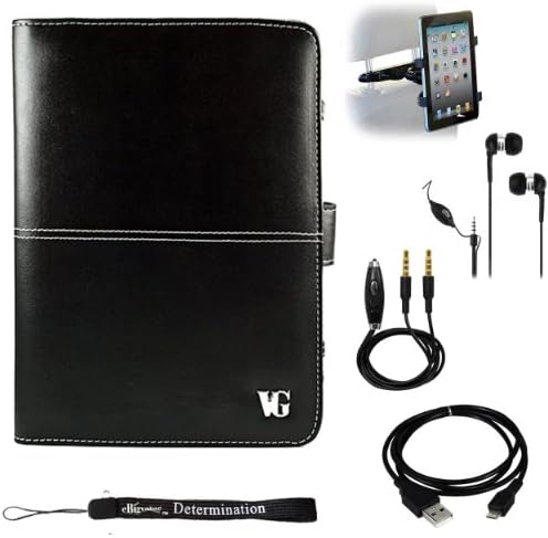 Black Melrose Protective Slim and Durable Professional Faux Leather Executive Portfolio Cover Carrying Case with Memory Card Slots Coby Kyros 7-inch TouchScreen Tablet MID7016 Android OS 4G Wifi Tab + Includes a Black Micro USB Data Sync Cable + Auxilary Cable ( AUX Connectivity ) + Adjustable HeadRest Car Mount Kit + High Quality Noice Reducer MP3 Handsfree Earbuds Earphones with Mic