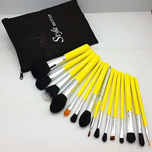Style Master Pro 15 Pcs Makeup Brushes Set Syntehtic Foundation Eyelinner Concealer Brush Brand Cosmetic Essential Kits (Lemon yellow color)