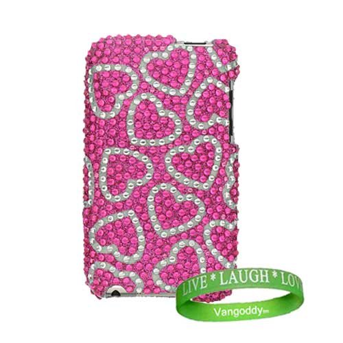 Apple ipod iTouch 3rd generation Pink & Silver Hearts Premium Deluxe Rhinestone snap-on diamond crystal case cover+ VG *LIVE*LAUGH*LOVE* wrist band!!!