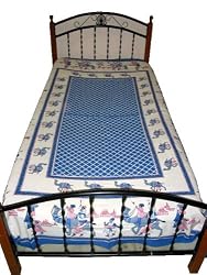 Royal Blue Floral Print Indian Bedding Linen Cotton Bedspread Twin Sofa Throw