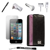 Black with Purple Stripe Deluxe Wallet Leather Protector with Stand Alone Design / Vertical and Landscape Mode Feature on Cover Case for New Apple iPod Touch 4 ( 4th Generation 8GB 16GB 32GB ) + Includes a USB Travel Car Charger, a USB Home Charger and a USB Data Sync Cable + Includes Anti Glare Screen Protector Guard and a Graphic Designer Stylus Pen to Navigate Device