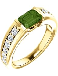14K Yellow Gold 7.00x5.00mm Emerald Cut Green Tourmaline and Diamond Ring -- LIFETIME WARRANTY