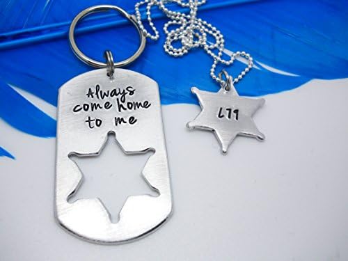 Always Come Home To Me Sheriff or Corrections Officer Badge Cutout Keychain set Personalized Hand Stamped by DCDJewelry