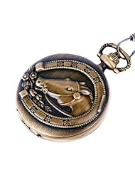 Pocket Watch Quartz Movement Bronze Horse Shoe Case Arabic Numerals with Chain Full Hunter Vintage Design PW-25