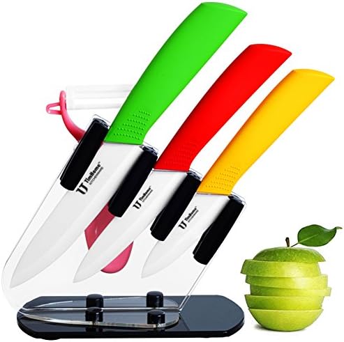 UTimHome Ceramic Knife Set, Multi-Color, 4 Pieces Plus Holder/Block - Includes 5" Utility (Slicing), 4" Fruit Knife, 3" Paring, Vegetable Peeler (4 Pieces &amp; Holder)