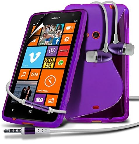 Nokia Lumia 625 Purple S Line Wave Gel Case Skin Cover With LCD Screen Protector Guard, Polishing Cloth & Hands Free Earphone with Built in Microphone Mic & On-Off Button by Fone-Case