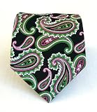 100% Silk Woven Black, Pink and Green Paisley Tie