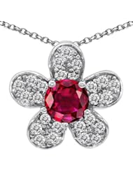 CandyGem 925 Sterling Silver Created Round Ruby Flower Pendant