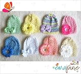Ema Jane Pastel 16 Pack (8 Hats + 8 Hair Accessories) of Super Soft Crochet Baby Beanie Waffle Hats with Ema Jane Baby Hair Accessories (Mix of Flowers and Bows)