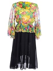 Floral Print Bell Sleeves Long Sleeves Elasticized   Waistline Peplum Asymmetric  Dress