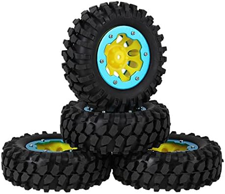 Mxfans Black Gravel Pattern Rubber Tyre &amp; Yellow Plastic 10 Holes Wheel Rim with Blue Alloy Beadlock for RC 1:10 Rock Crawler Pack of 4