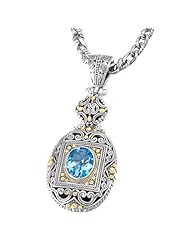 925 Silver & Blue Topaz Oval Picture Frame Pendant with 18k Gold Accents