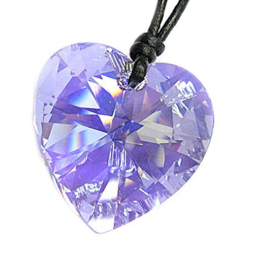 Leather Choker Necklace with Swarovski Elements Crystal Violet AB Heart Pendant, 14" - 24"