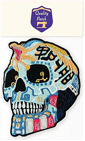 Aztec Warrior Mexican Skull Blue Colourful Embroidered Jacket Patch Badge Sew On Iron On 3.3" X 3.9" Appliqué Transfer