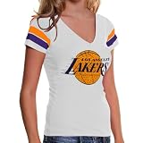 NBA Los Angeles Lakers Ladies Stoned Out Striped V-Neck Slim Fit T-Shirt - White (Medium)