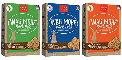 Cloud Star Wag More Bark Oven Baked Dog Treats 3 Flavor Variety Bundle: (1) Wag More Bark Less Oven Baked Crunchy Peanut Butter, (1) Wag More Bark Less Oven Baked Bacon, Cheese, and Apples, and (1) Wag More Bark Less Oven Baked Chicken & Carrots, 16 Ounces Each (3 Boxes Total)