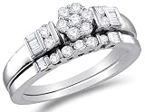 14K White Gold Diamond Ladies Bridal Engagement Ring with Matching Wedding Band Two 2 Ring Set - Flower Shape Center Setting w/ Invisible Channel Set Round & Baguette Diamonds - (.54 cttw)