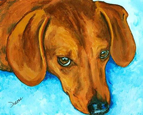 Dachshund Dog Art Print, Red Doxie lying on Blue Rug, Print of Original Dog Painting by Dottie Dracos, Print sizes from 8x10" up to 16x20".