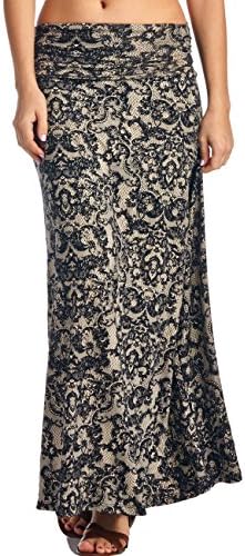 LeggingsQueen Women's High Waisted Rayon Spandex Printed Maxi Skirt (S2428-Black+Taupe, Medium)