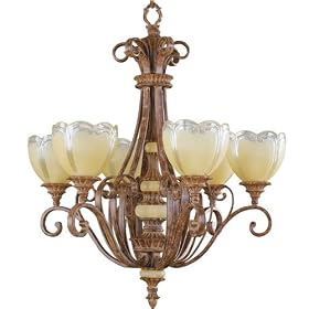 Chandelier 6 light fixture aged pecan finish painted steel glass by Kichler