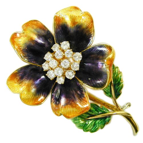 Antique Diamond and Enamel Flower Brooch  circa 1940s