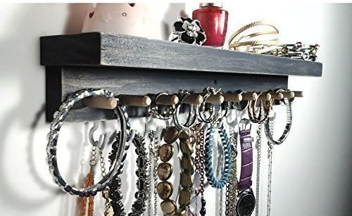 Wall Mount Jewelry Organizer Jewelry Holder with Shelf, Vinyl Coated Hooks &amp; Wood Pegs. Necklace, Earring, Bracelet, Bangle, Ring Holder. Weathered Dark Gray.