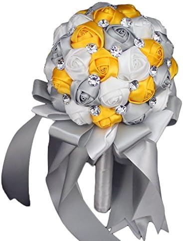 Hand Made Rose Satin Ribbon Bridal Wedding Bouquet For Bridesmaid Or Flower Girl Holding Flowers Yellow Grey White 7''