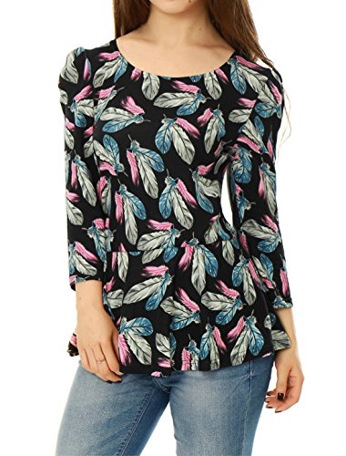 Allegra K Woman Feather Pattern Tunic Peplum Top Black XL