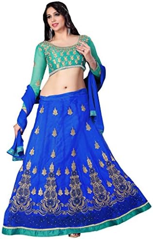 Suchi Women's Blue and Turquoise Embroidered Net Art Silk Anarkali Suit/ Lehenga
