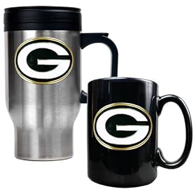Green Bay Packers NFL 16 Oz Stainless Steel Travel Mug and Ceramic Coffee Mug Set - Team Logo