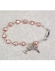 First Holy Communion Childrens Girls Rosary Bracelet 6 1/2" 6x6mm Pink Pearl Heart Beads with Sterling Silver Cross & Chalice Charms.