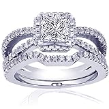 1.40 Ct Princess Cut Halo Diamond Engagement Wedding Rings Set VS1 CUT:VERY GOOD