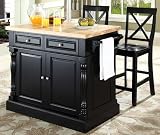 Butcher Block Top Kitchen Island in Black Finish with 24'' Black X-Back Stools
