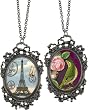 REVERSABLE! Lavishy Eiffel Tower & Peacock Cameo Portrait Necklace - Matte Silver