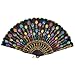 uxcell Embroidered Flower Pattern Cloth Folding Hand Fan Colored Black