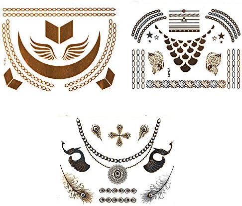 3 sheet Premium Metallic temporary Best Tattoos Non-Toxic long lasting water resistant .Gold &amp; Silver metallic tattoo. Stylish designs.Size 21x15 cm.