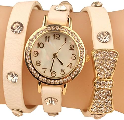 Tonsee(TM) Fashion Women Bowknot Crystal Quartz Watch Imitation Leather Watch (White)