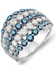 3.25 Carat (ctw) 14k White Gold Round White & Blue Diamond Ladies Cocktail Right Hand Ring 3 1/4 CT