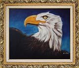 American Bald Eagle Head Oil Painting, with Ornate Antique Dark Gold Wood Frame 26 x 30 inches