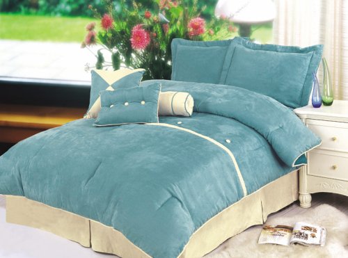 7Pcs King Oxford Blue Suede Comforter Bed in a Bag Set