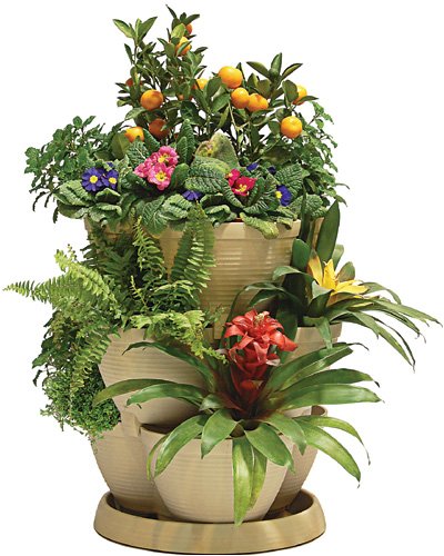 Childrens Toyshop  Outdoor Living : Self Watering STONE Plant & Flower Pots - Set of 3 Stackable MEDIUM Planter Tubs with Tray (Flowers not included)