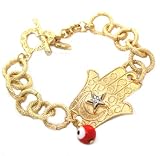 Beautiful Blee Inara 18k Gold Plated Hamsa Palm and Coral Eye of Protection Charm Bracelet on Circle Linked Heart Toggle Chain Comes Gift Boxed (BI208)