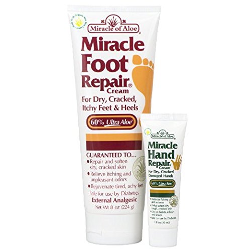 Miracle of Aloe, Miracle Foot Repair Cream 8 oz PLUS Miracle Hand Repair 1 oz with 60% Pure Organic Aloe Vera Softens Dry Cracked Feet. Quick Fast Easy Painless Penetrates Through Layers of Skin Speeds Up Cell Renewal Moisturizes Skin Guaranteed Help
