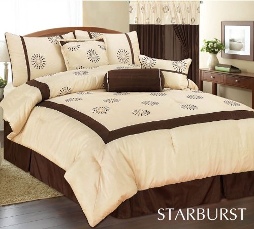 King Size Quality Slubbed Fabric Bright Beige and Brown Comforter Set