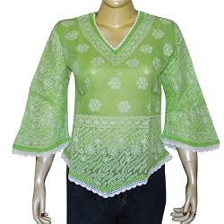 Gifts for Mothers Day Cotton Green Top Chikan Embroidered Size M